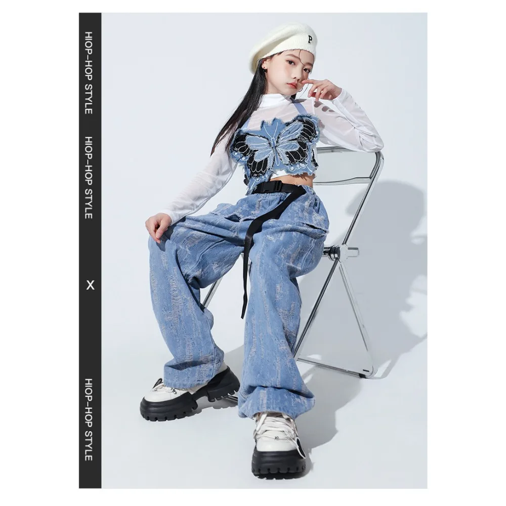Conjunto de Baile Jazz Hip Hop: Chaleco de Malla de Manga Larga con Diseño de Mariposa y Pantalones Vaqueros. Atuendo de Moda Urbana para Entrenamiento, Actuaciones y Uso Diario Casual.