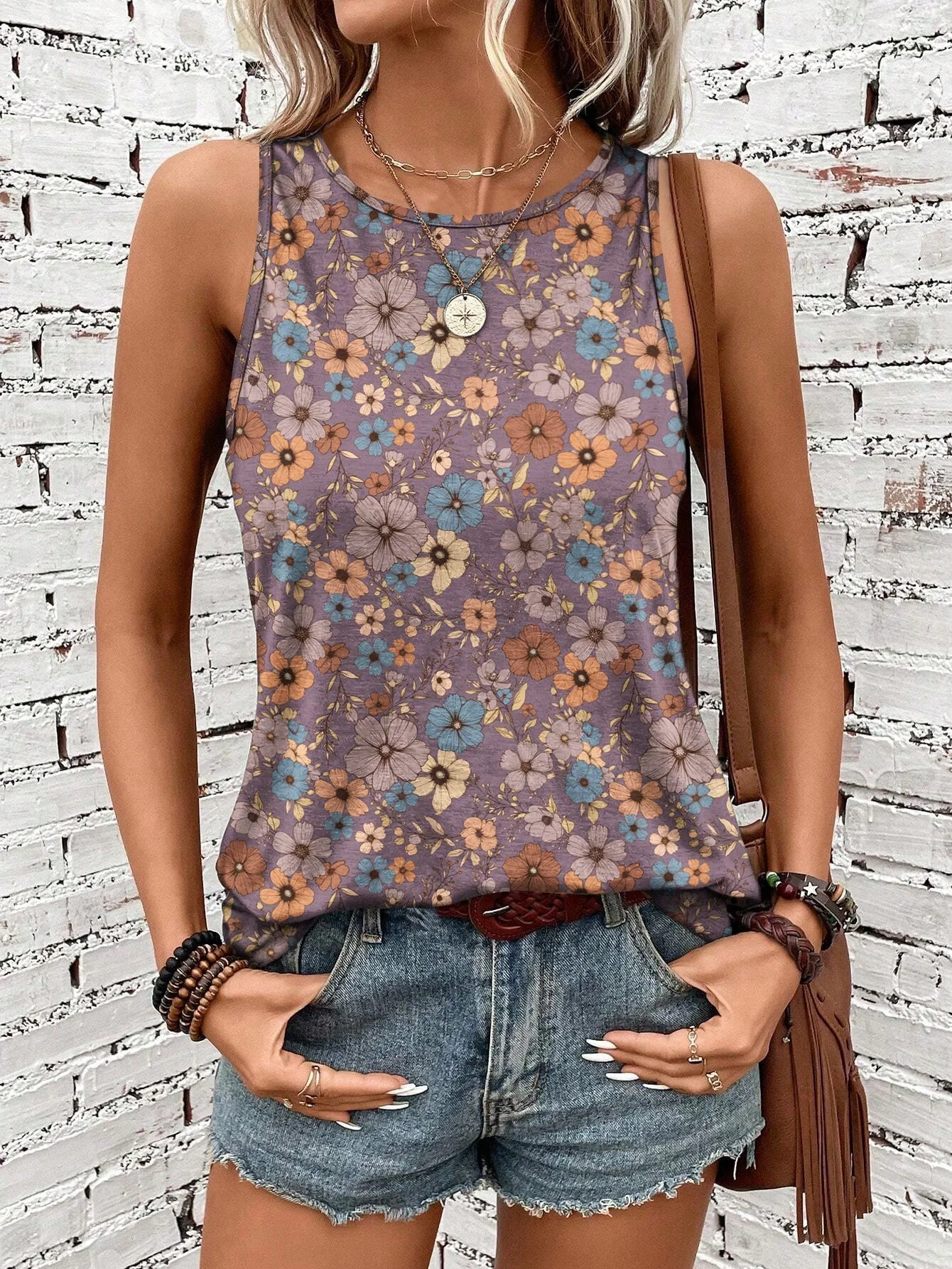 Women's floral print tank top, casual round-neck fashion sleeveless T-shirt