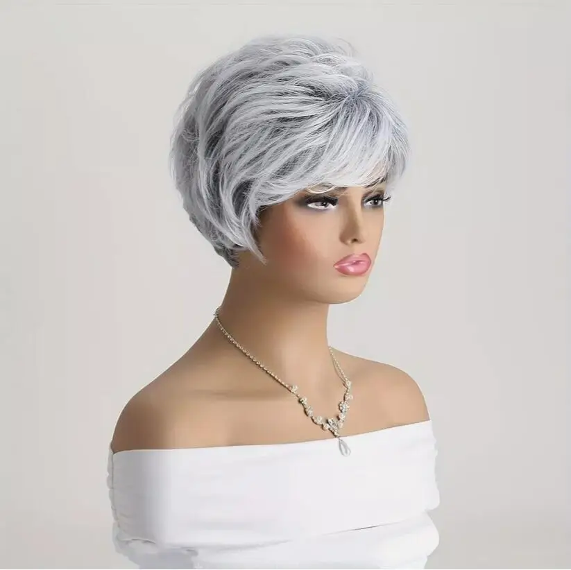 Short Curly Layered Wig With Bangs For Women Ombre Silvery Grey Daily Party Use