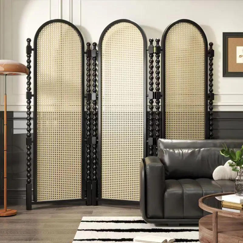 

Sofa background screen partition catering solid wood rattan French medieval retro folding mobile living room bedroom cover