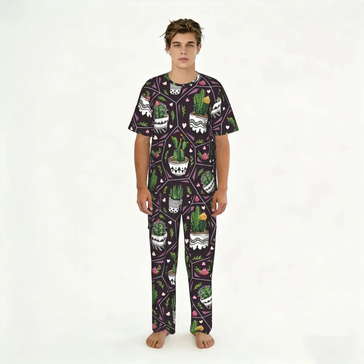 

Пижама для сна и дома, летняя и весенняя, с принтом кактусов, с коротким рукавом и длинными брюками