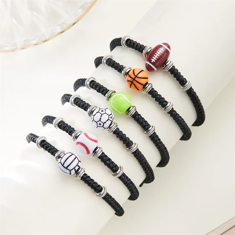 Unisex Football Basketball Bracelet Charm Handmade Braided Black Rope Adjustable Chain Bracelets Sport Fans Souvenir Gifts