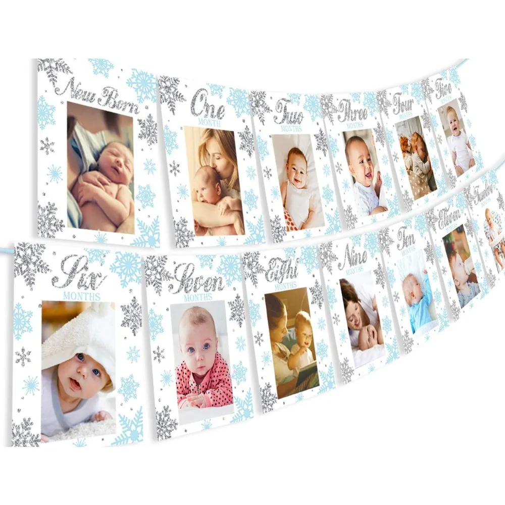 Funmemoir Winter Onederland 1st Birthday Decorations Snowflake First Birthday Photo Banner Newborn To 12 Months Banner Clips