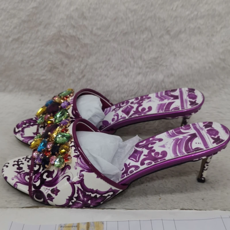 Yellow Prints Stiletto Slippers for Women Rhinestone Open Toe Summer Shoes Med Heels Bohemian Vacation Party Crystal Shoes