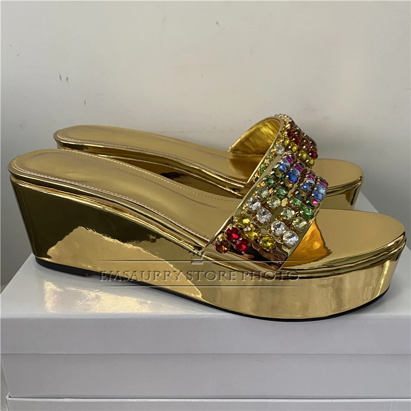 Colorful Rhinestone Band Women Sandals Luxury Patent Leather High Platform Wedges Slingbacks Summer Mules