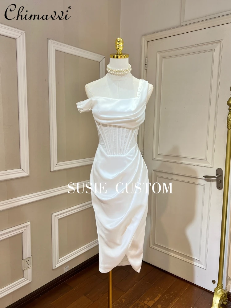 

Fashionable Elegant Irregular Women's Sloping Shoulder Dress Tube Top Dress Spring Summer Elegant High Waist Slim Pleated Dress