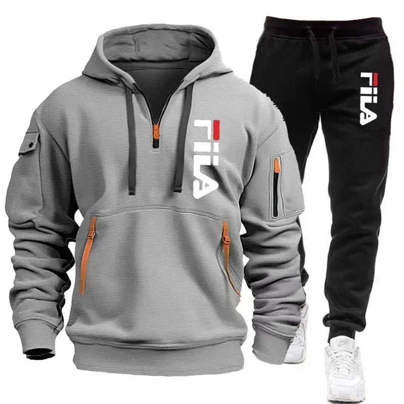 

Autumn and winter street new men's zipper hoodie + pants two-piece set, outdoor multi-pocket men's casual pullover sports suit