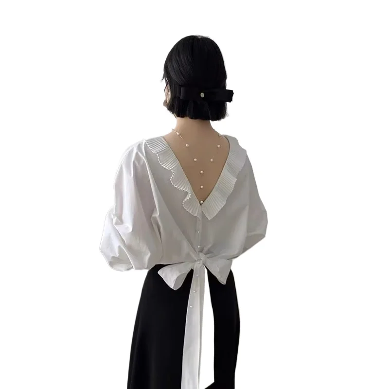 Extra Large Size White Bat Sleeve Ruffle Edge Lace-up Shirt  European Station Shirt Back Chic Design Top High Appearance Level