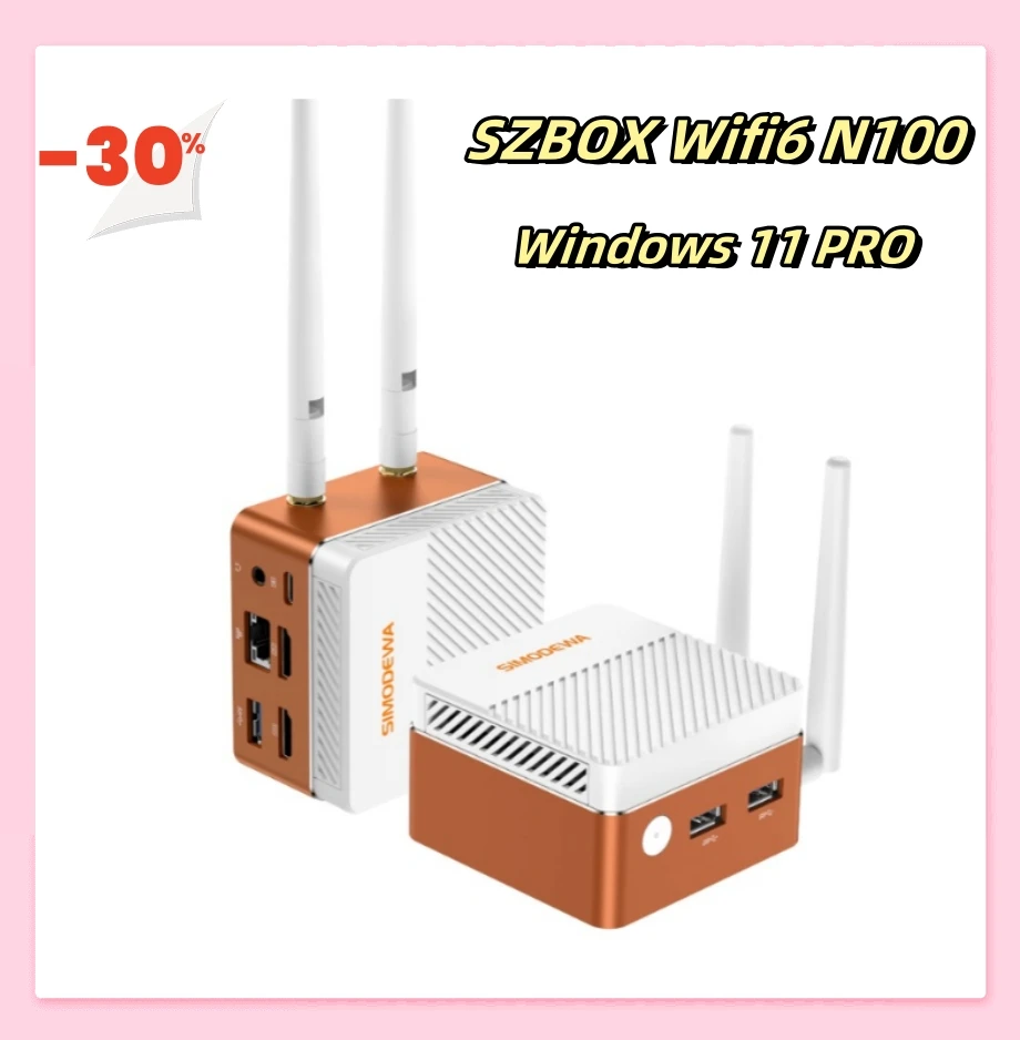 SZBOX WiFi6 N100 Windows 11 PRO Mini PC Onboard 16GB DDR5 M.2 2242 SATA SSD 2.5G LAN BT5.2 Dual External Antenna Computer