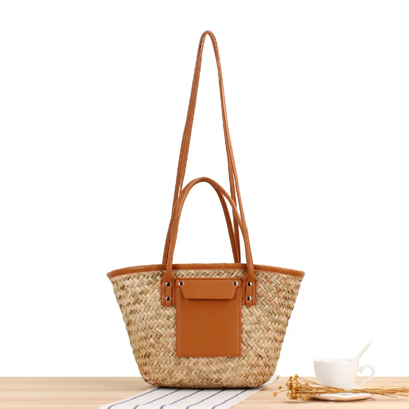 Casual Rattan Basket Bag Designer Wicker Woven Women Handbags Handmade Summer Beach Straw Shoulder Crossbody Bags Big Tote Purse