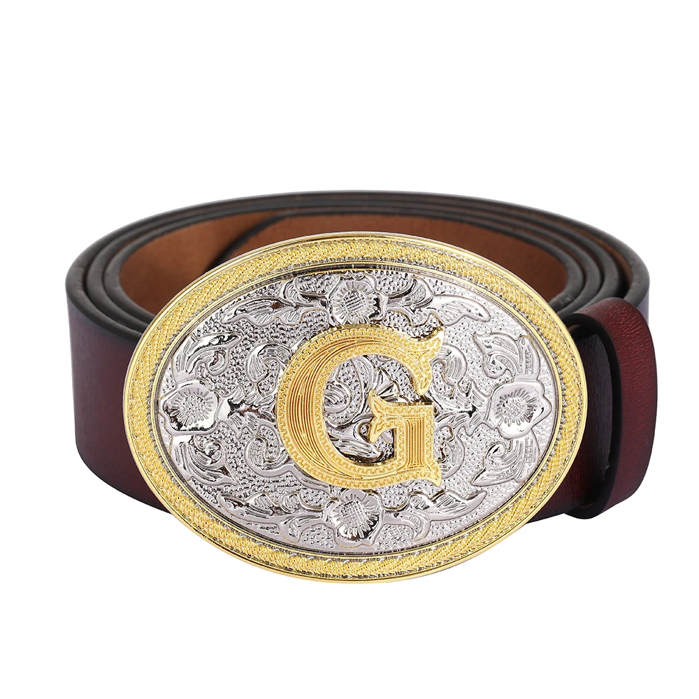 Western denim zinc alloy dual color three piece set paired with coffee colored leather belt for men's belt buckle