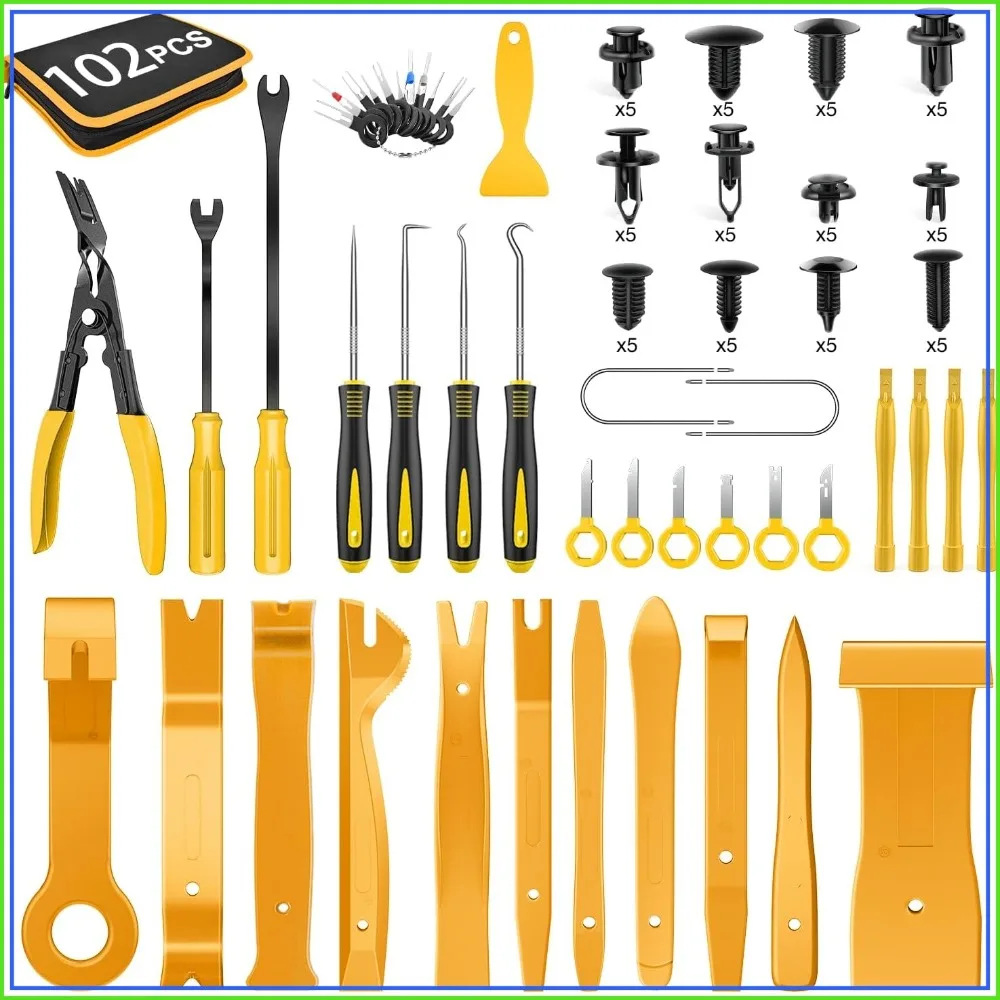 

102Pcs Trim Removal Tool Set, Auto Push Pin Nylon Bumper Retainer Clip Kit, Fastener Terminal Remover with Round Handle Crowbar for Car Radio Panel