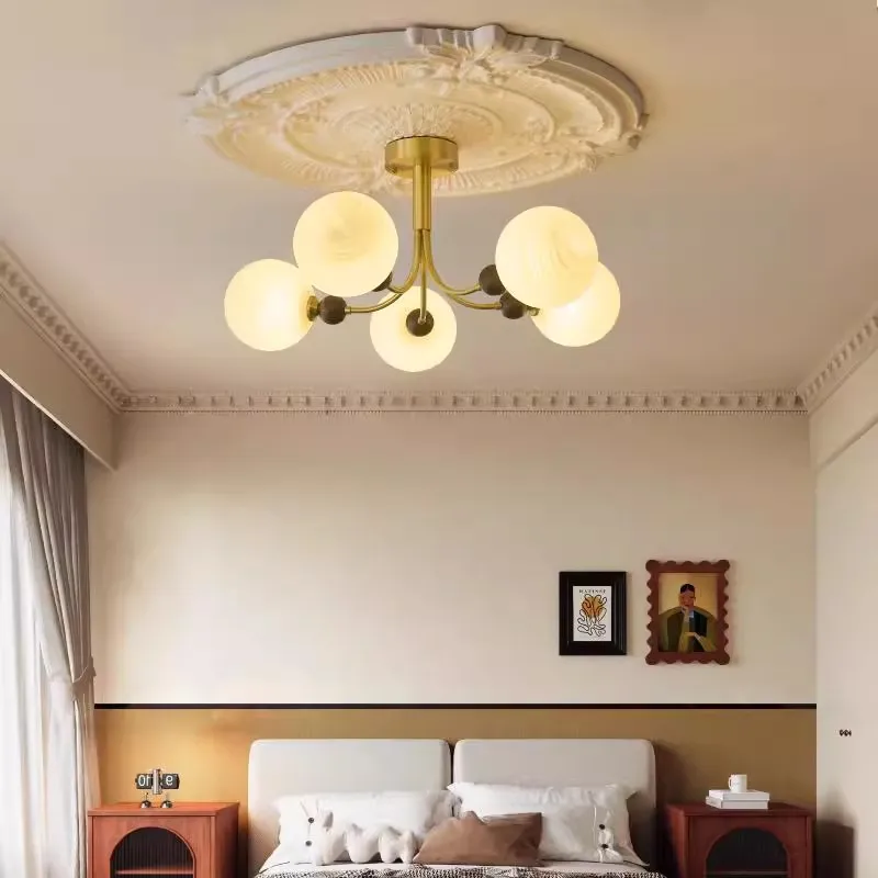 

Copper Imitation Marble Ceiling Chandeliers European Vintage Lighting Fixtures Bedroom and Study Semi Suction Lights Dining Room