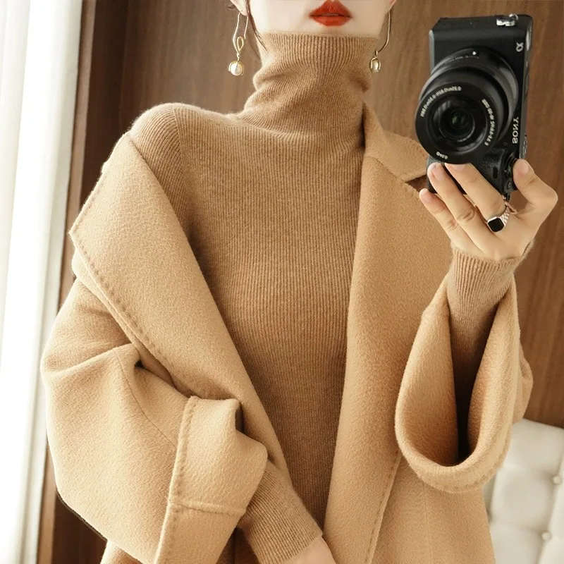 

Стильный шерстяной вязаный свитер с высоким воротом, модная базовая кофта для похудения, уютная футболка с длинным рукавом, стандартный крой, вязаная.