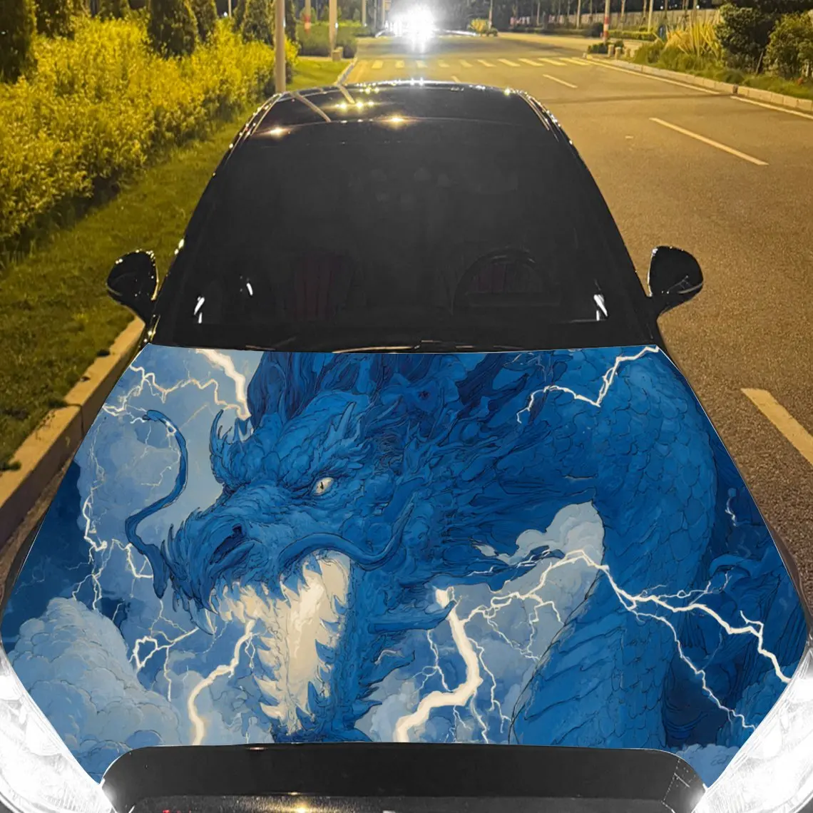Powerful Blue Lightning Dragon Car Hood Stickers - Self-Adhesive, Waterproof and Durable Vinyl Wrap, Decorate And Protect Your C