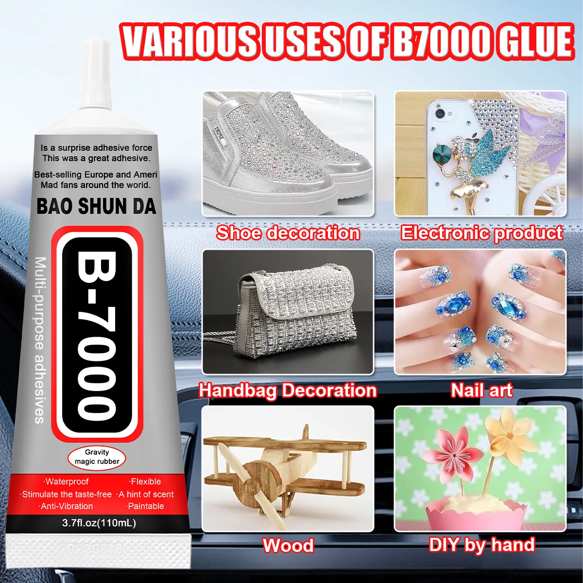 B7000 Клей для ремонта автомобилей Универсальная формула, подходящая для пластмасс, металлов и тканей Быстротвердеющий клей для автомобилей Включает в себя прецизионный игольчатый аппликатор 50 мл 1-3 штуки