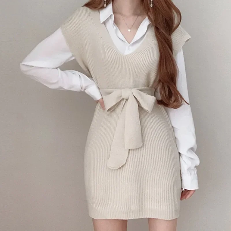 بسيط الخامس الرقبة الدانتيل يصل سترة اللباس الكورية شيك الخريف الشتاء منتصف طول سميكة سترة دون أكمام بلون الدافئة فساتين متماسكة