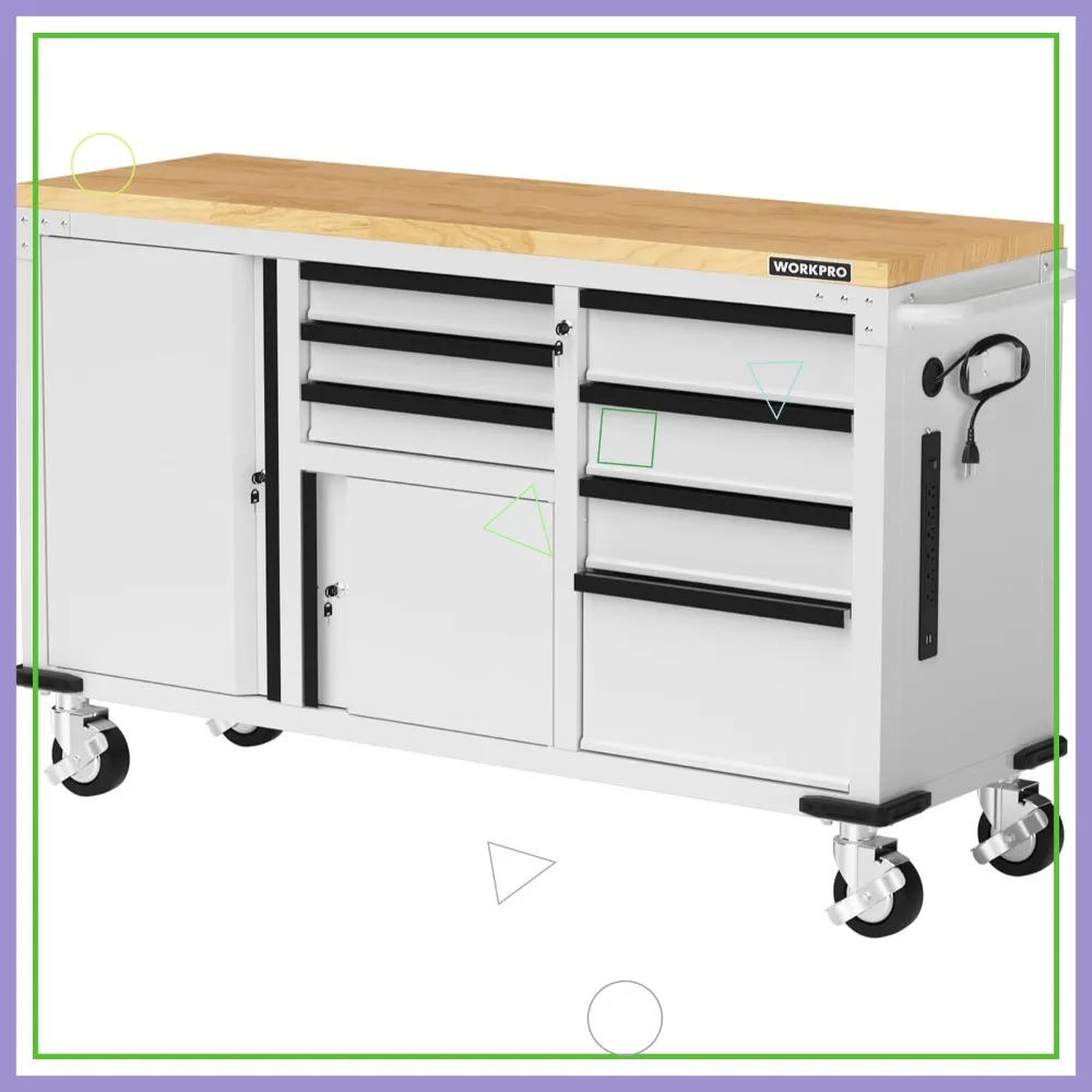 

62" Rolling Tool Chest with 7 Drawers, 2 Doors, Power Strip & Locking System - 1000 lbs Capacity Mobile Storage Cabinet
