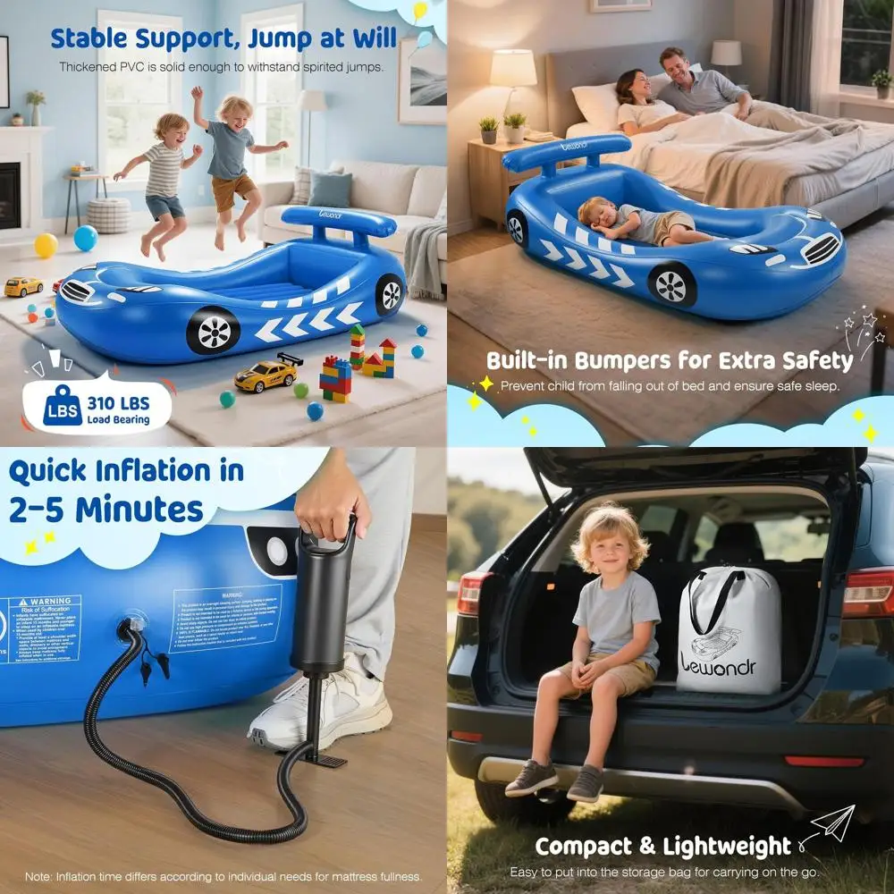 Cama inflable portátil para niños pequeños con parachoques de seguridad, bomba de mano incluida, ideal para viajes, camping, fundas de dormir, color azul
