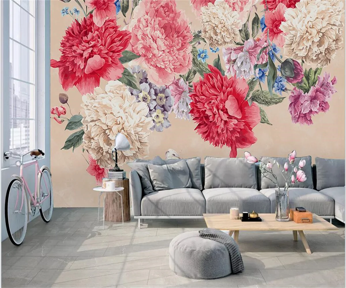 Custom mural Nordic retro hand-painted peony flower bedroom living room background wall TV bedroom background wall 3d wallpaper