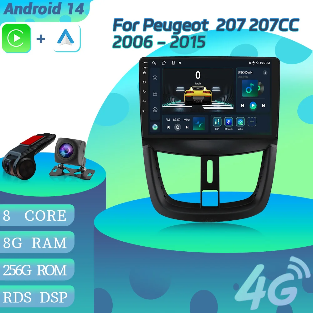 

Автомобильный радиоприемник Android 14 для Peugeot 207 207CC 2006-2015 мультимедийный Bluetooth GPS-навигатор стерео WIFI 4G BT CarPlay сенсорный экран