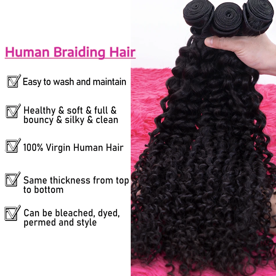 Extensiones de cabello humano rizado para mujer, extensiones de trenzado brasileño crudo de Color sólido negro Natural, cabello humano ondulado profundo de 30 pulgadas