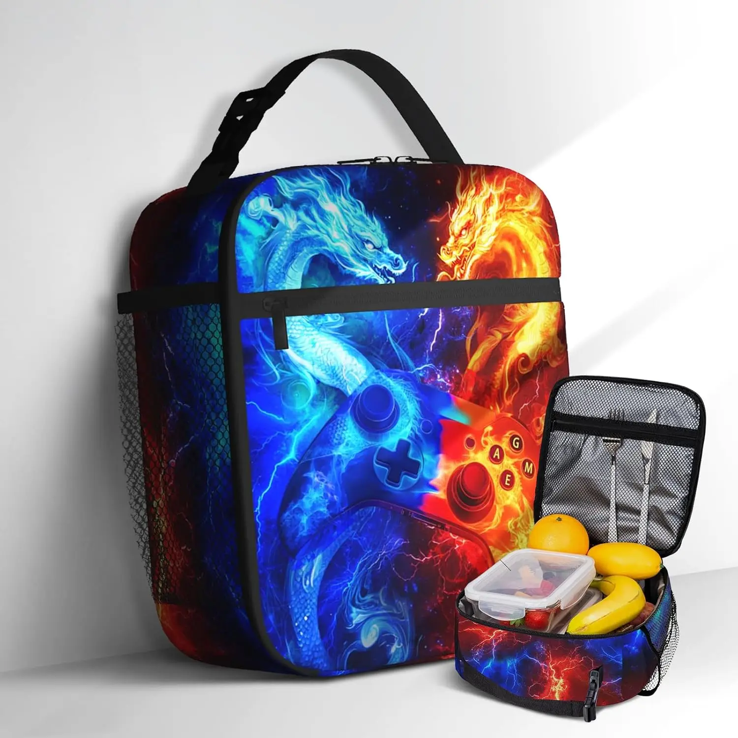 Game Lunch Box for Boys Fire Dragon Video Game Lunch Bag for Kids Girls Teenage Insulated Reusable Portable Lightweight Thermal