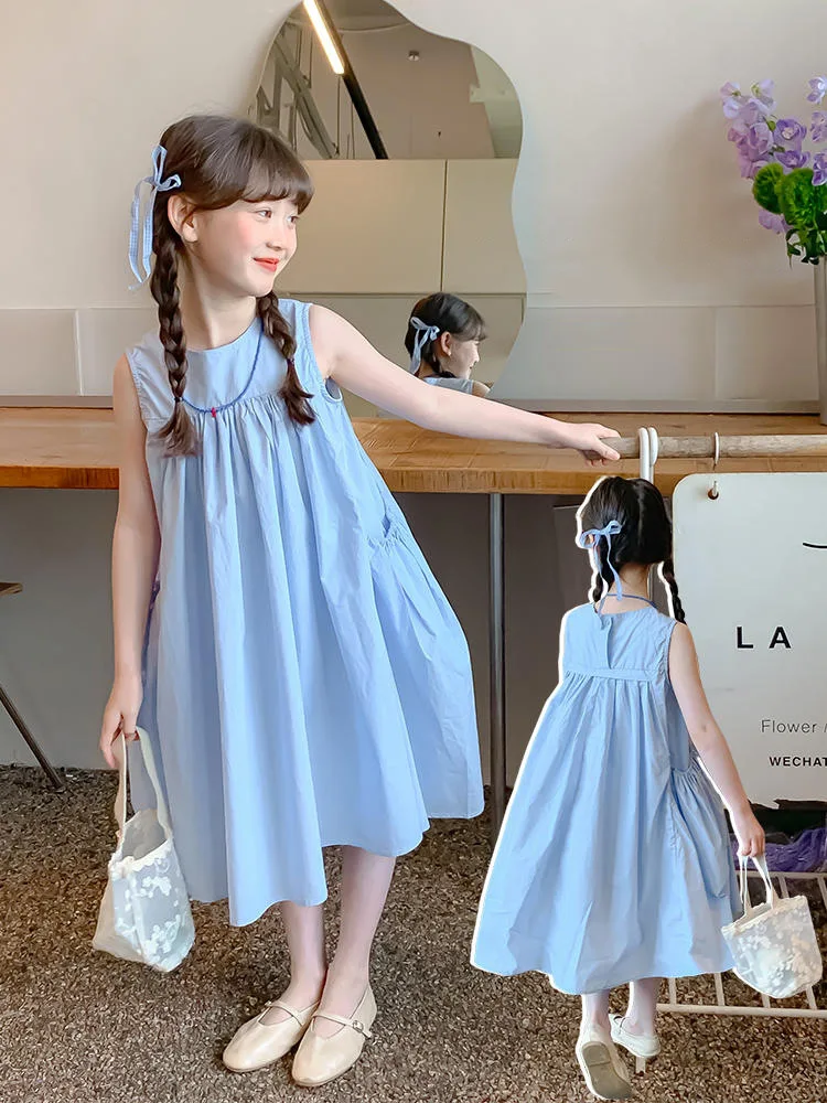 New Arrival Sweet Girls Dress For Summer 2 3 4 5 6 7 8 9 10 11 12 Year Sleeveless Solid Color Blue Child Dresses With Pockets