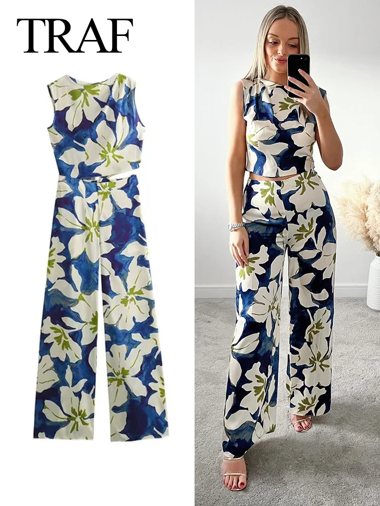 TRAF 2024 Summer Woman\'s Fashion Chic Blue Floral O-Neck Sleeveless Hollow Out Zipper Female Bohemian Wide Leg Loose Jumpsuit