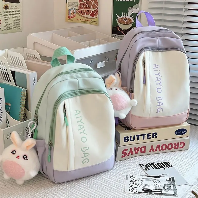 학생 백팩, 소형, 신선한 컬러 블록 스프링 나들이 백팩, 가볍고 캐주얼한 야외 여행용 학생 백팩