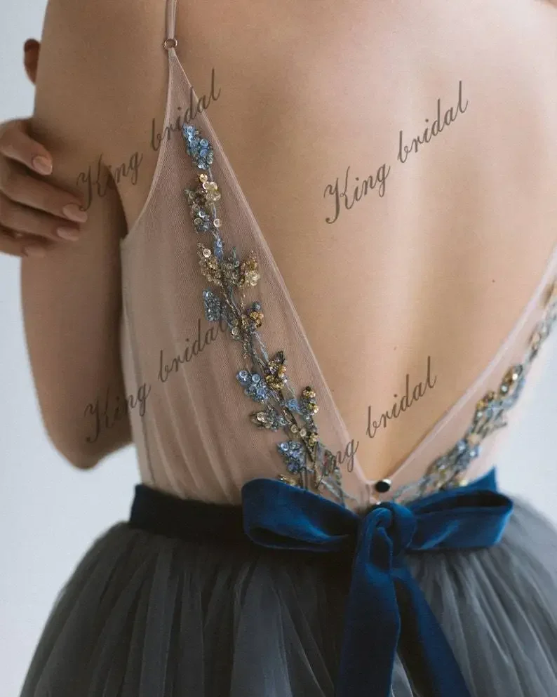 Custom Made Dark Blue Wedding Dress Tulle Bridal Full Dress, Bridal Bow Sash Dress Bride Simple Wedding Party Evening Dresses