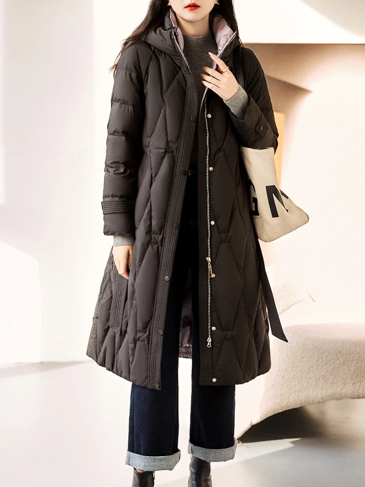 Long Puffer Coats for Women, Thick Hooded Jacket, Windproof Parka, Simple, Elegant, Slim Belts, Winter, New, 2024