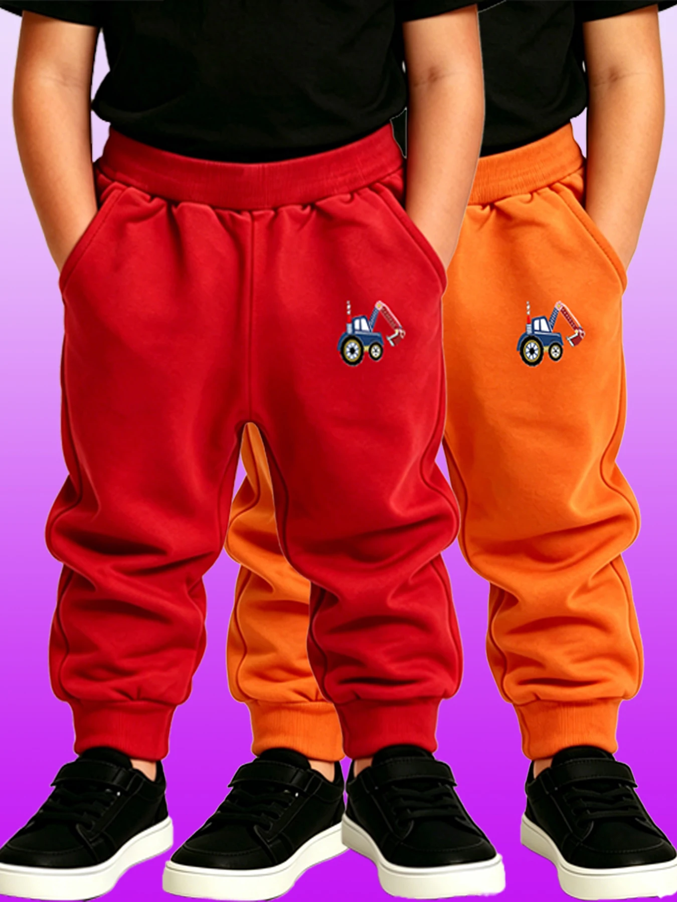 2 PCS Red Orange Boys' Sweatpants Elastic Waist Excavator Comfortable Sports Pants Four Seasons Outdoor Play Children's Trousers