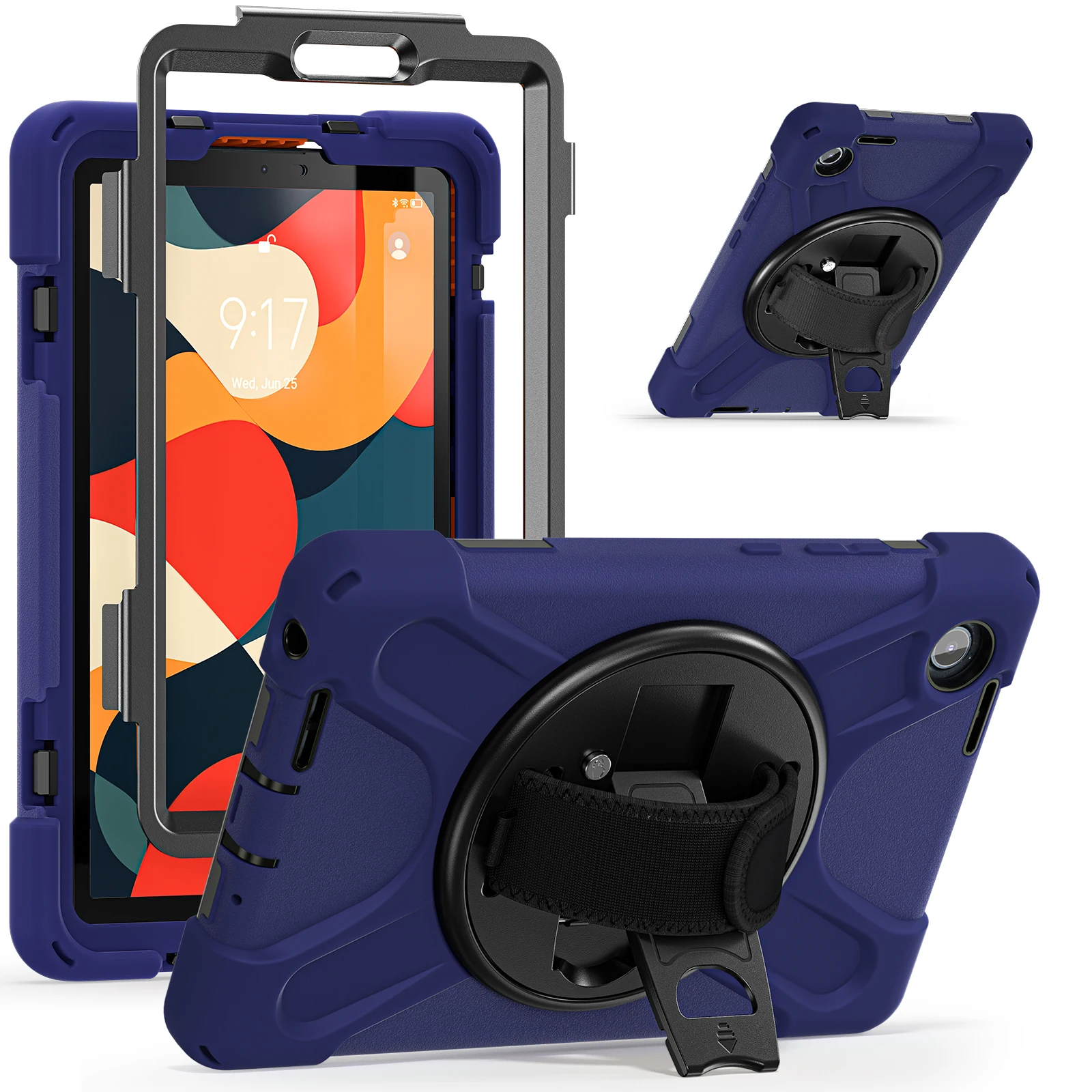 For Lenovo Tab K9 / Tab One Kickstand Case TPU PC Silicone Tablet Cover with Shoulder Strap - Navy Blue