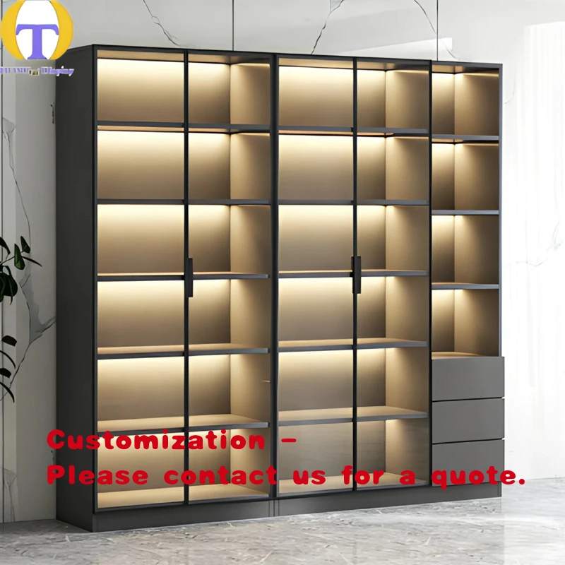 custom.Freestanding Full Wall Modern Book Cabinet LED Lighting Waterproof Eco-Friendly Heavy Duty Tempered Glass Step Shelf Disp