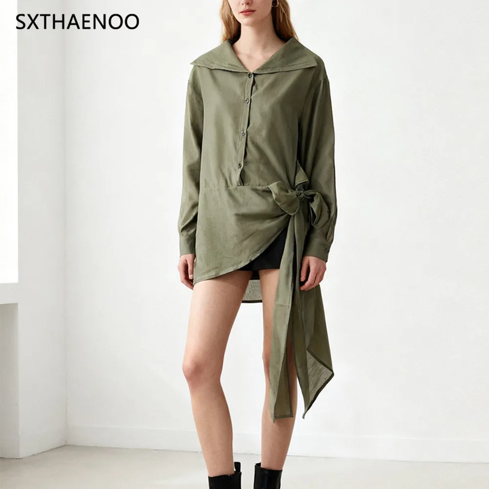 

SXTHAENOO Solid Spliced Single Breasted Basics Shirts Blouses Women Lapel Long Sleeves Patchwork Bowknot Fashion Shirt Female