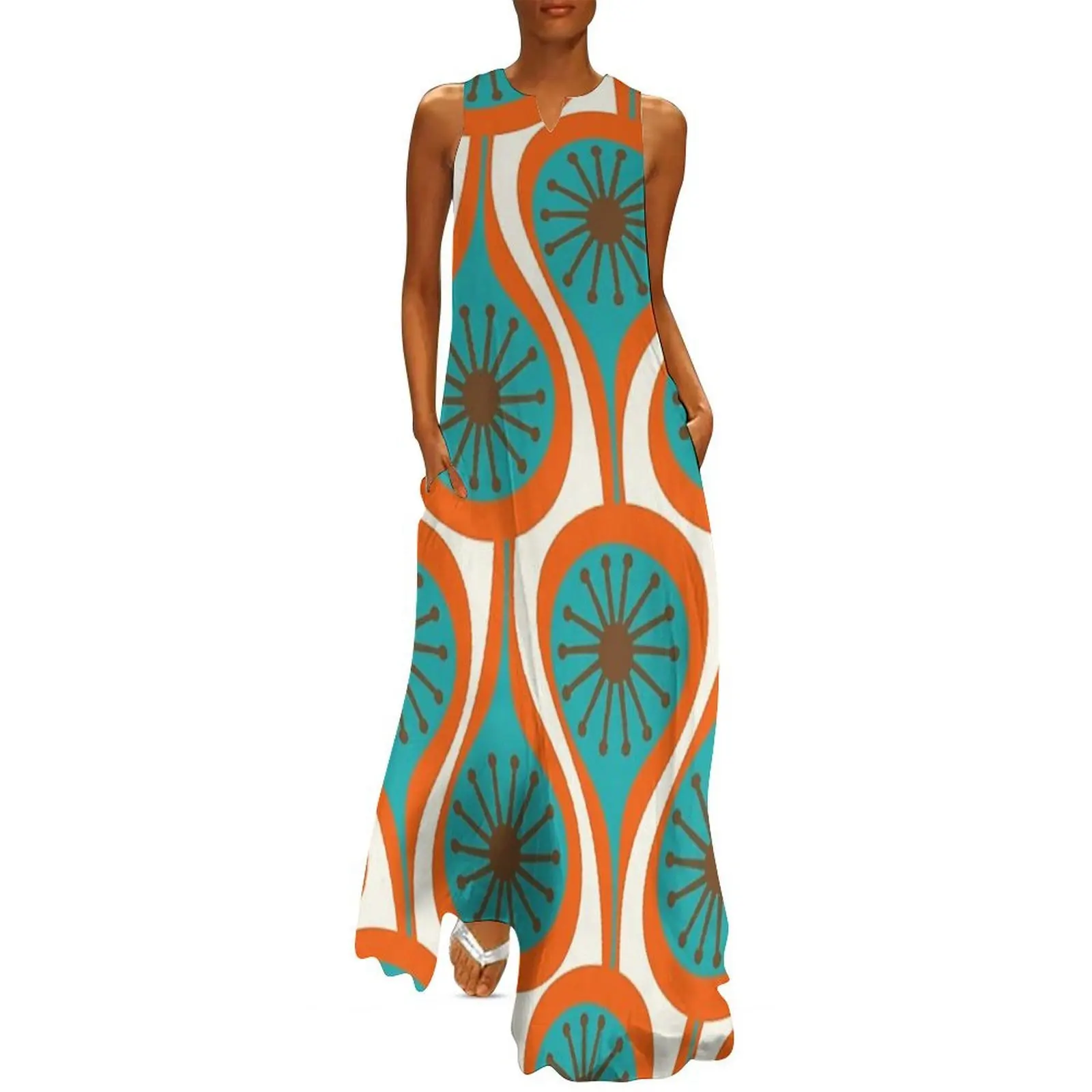 

Mid Century Modern Atomic Drops Retro Pattern Turquoise Orange Brown Cream Long Dress party dresses women