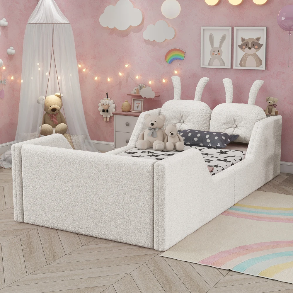 Twin Size Kids Upholstered Bed:Rabbit Cushion, Removable Rails, White (Arrival 2025/1/15)