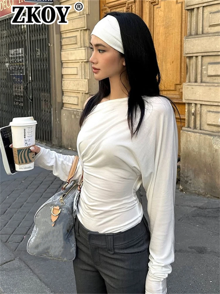 Zkoy Autumn 2026 New Date Night Women Off Shoulder Long Sleeve Crop Tops Daily Casual Solid Tank Top Slim Fits Hot Sale T-Shirt
