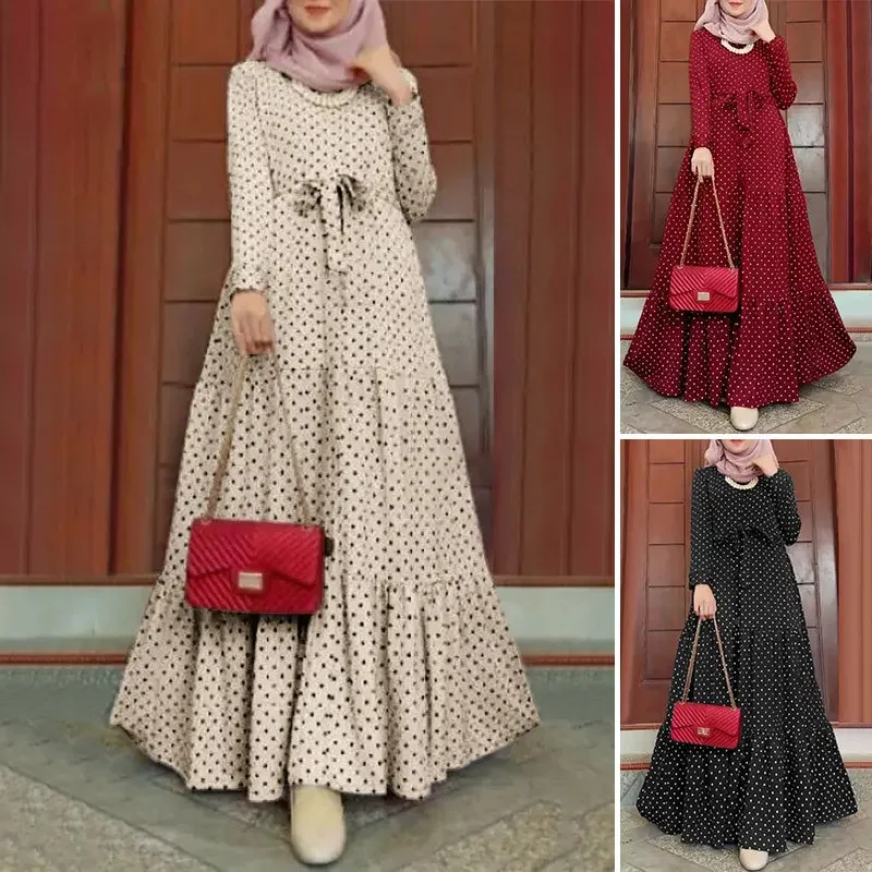 Muslim Morocco Abayas Fashion Belts Sundresses Party Gowns Polka Dot Long-sleeved Dress for Women Elegant Muslim Robes Vestidos