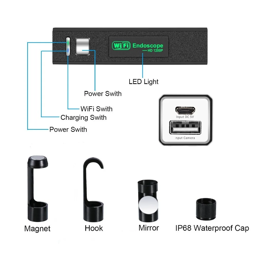 Bezprzewodowa kamera endoskopowa 1200P z 8 diodami LED i obiektywem 8 mm Kamera inspekcyjna HD do telefonu z systemem Android i iOS PC