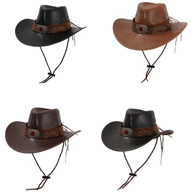 Eye Catching Western PU Leather Hat Roleplay Costume Hat Theme Party Top Hat Flower Band Ethnic Top Hat for Formal Event