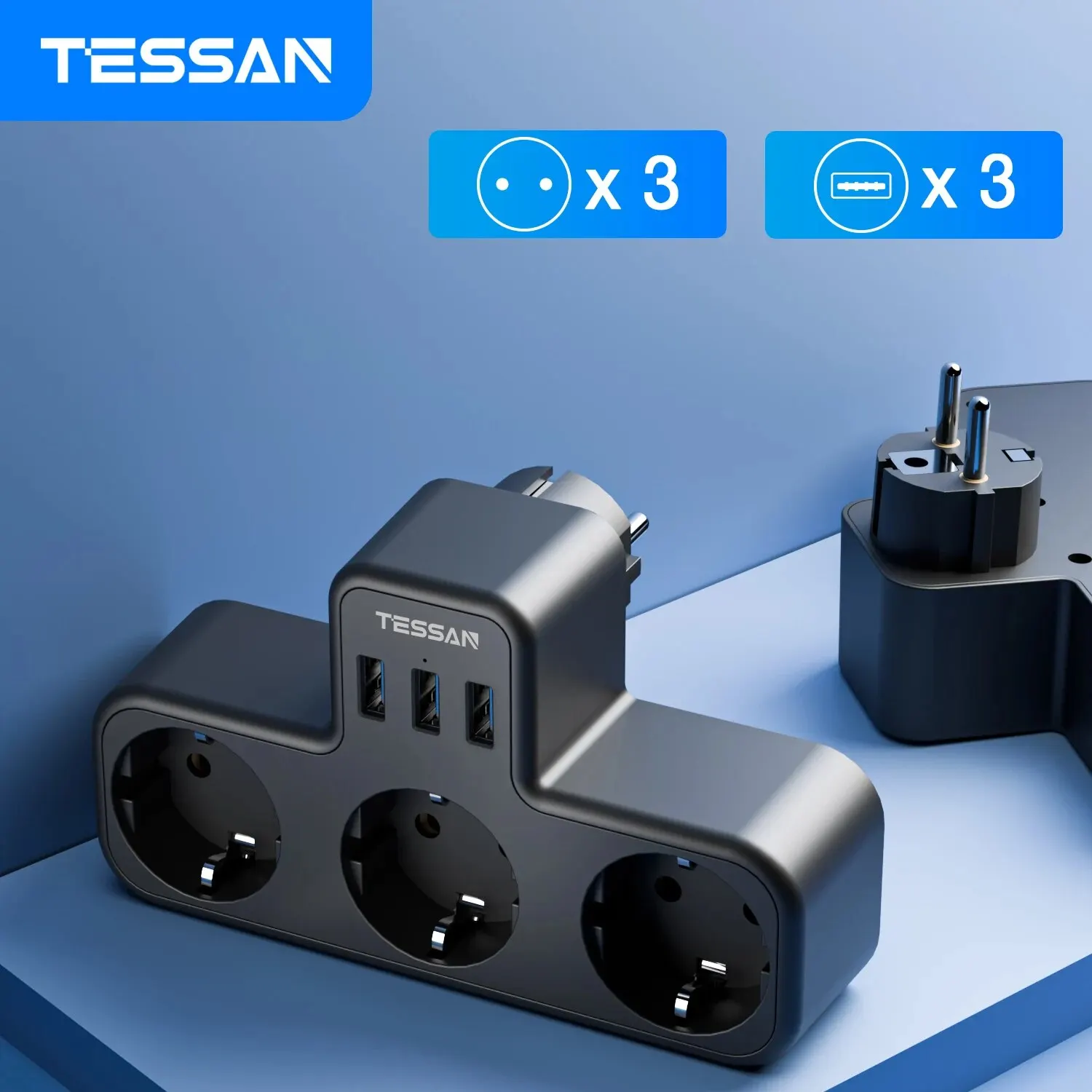 TESSAN USB Power Strip with 3 AC Outlets & 3 USB Ports, EU Plug Multiple Wall Socket Adapter Overload Protection for Home Office