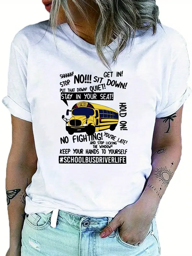 School Bus Driver Life Print T-Shirt Casual Short Sleeve Crew Neck T-Shirt Summer Women\'s Clothing Summer Women\'s T-shirt