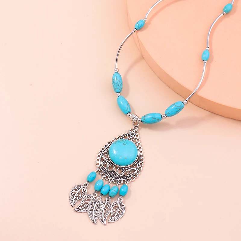 Bohemian Turquoise Tassel Necklaces for Women Ethnic Tree Leaf Pendants Statement Necklace Girls Party Jewelry Gifts