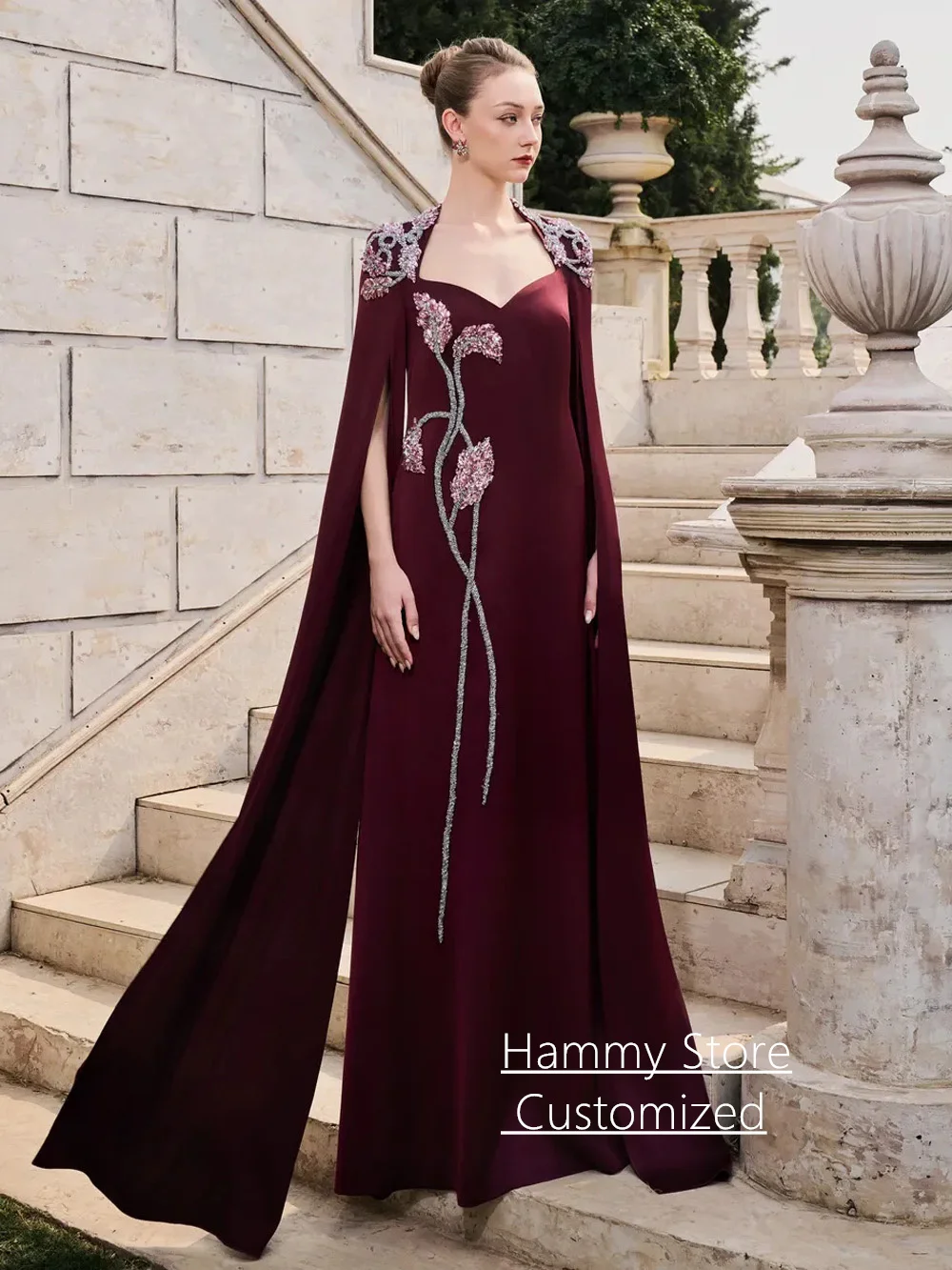 Nuovo arrivo abito da sera con maniche mantella personalizzato scollo a V perline pietra donna saudita abito da ballo abiti da festa di nozze