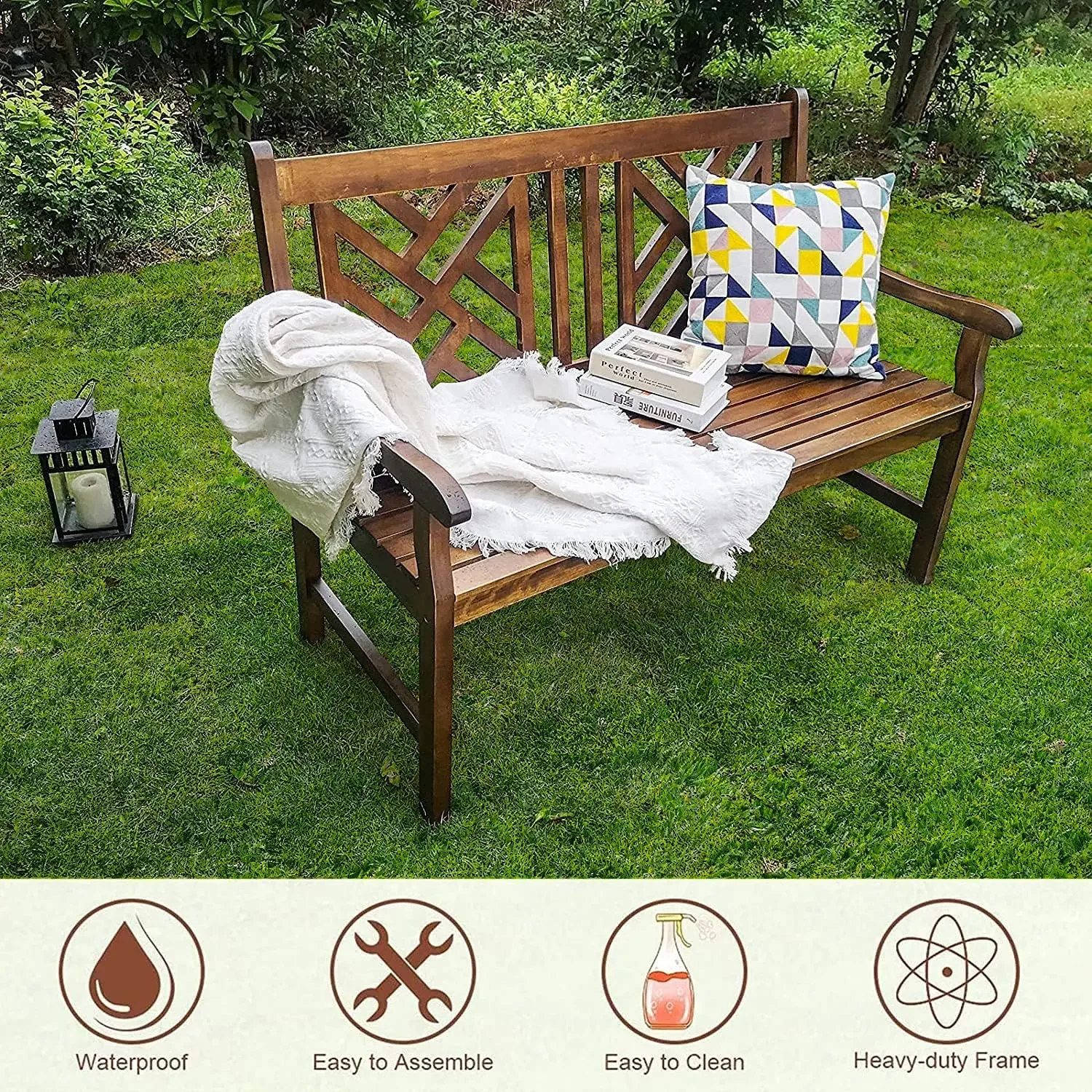 Outdoor Acacia Wood Garden Bench with Backrest & Armrest,2-Person Slatted Seat Bench Patio Furniture for Porch,Park,Yard(Brown)