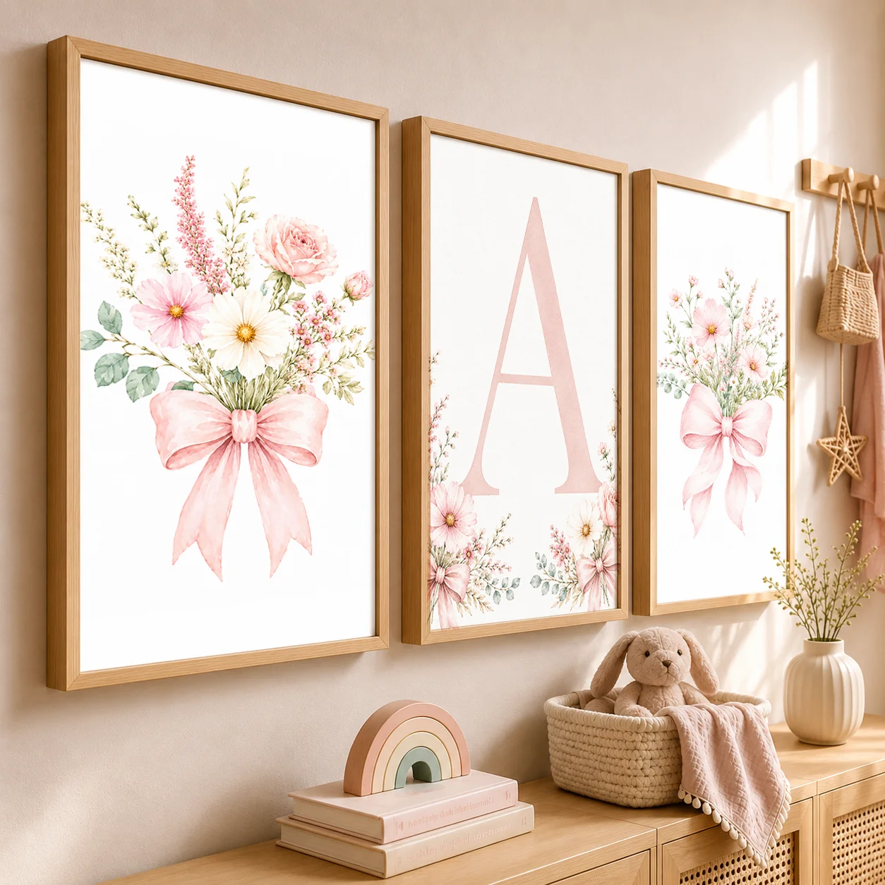 Floral Alphabet Wall Art Custom Letter Canvas Painting Pink Flower Poster Print Nursery Wall Decor