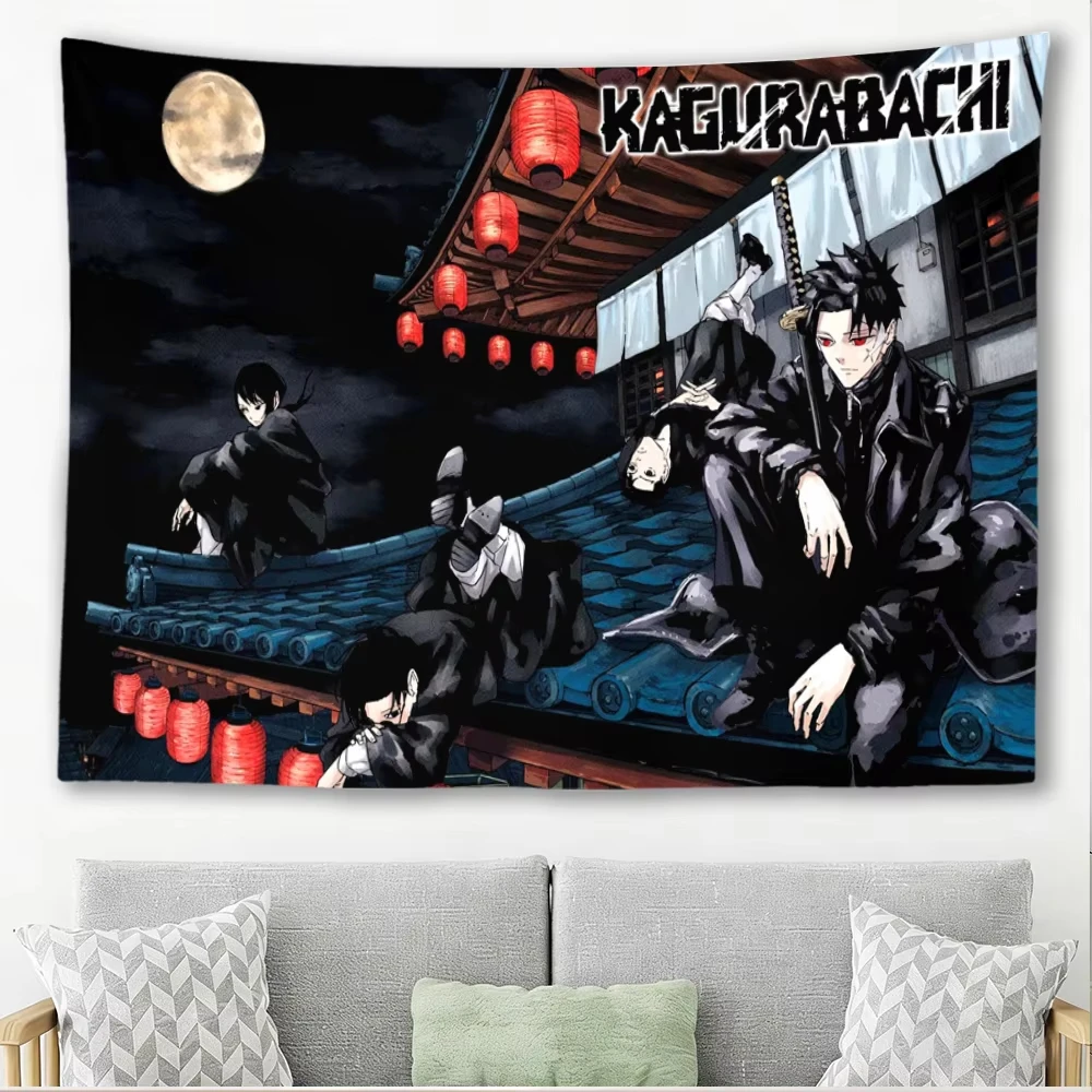 KAGURABACHI Anime Tapestry, Japanese Samurai Character Wall Hanging Cloth, Night Roof Lantern Background, Bedroom Dorm Home Wall