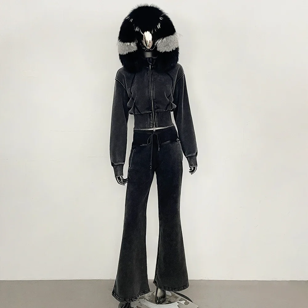 OFTBUY Flare-Hosen-Set für Damen, Wasch-Denim-Look, Neuer Herbst-Winter-Trainingsanzug, 2-teiliges Outfit mit Echtfuchs-Fell-Kapuzenjacke – Detail 12